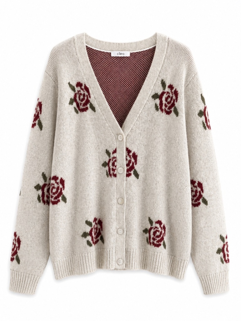 Cleo Oatmeal V Neck Rose Patterned Boxy Cardigan - Size Large Like New - Picture 2 of 16